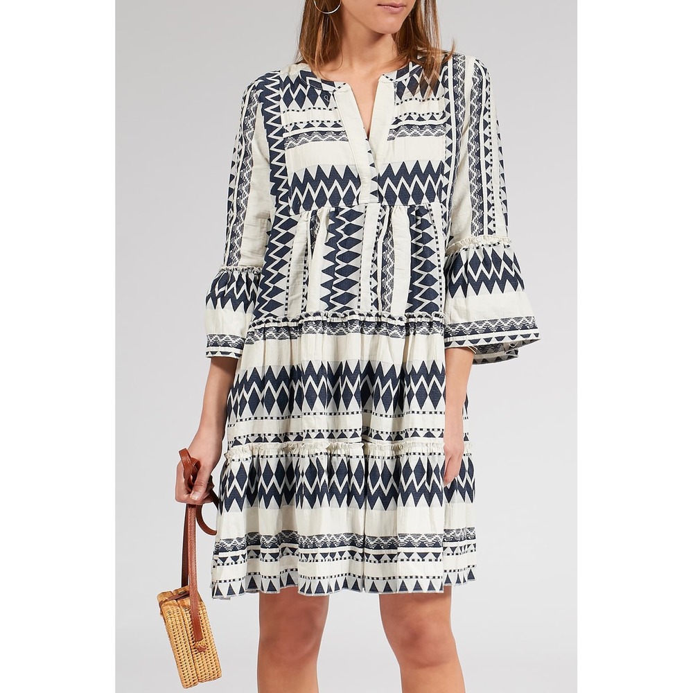 Bindu Anthropologie Geometric Tribal Tiered Mini Dress Women Medium Blue White